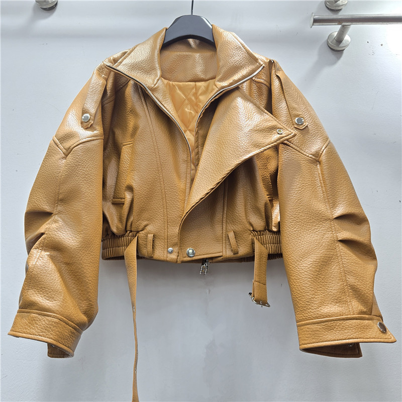 Moda coreana temperamento casual universal con solapa PU chaqueta de cuero de invierno de alta calidad chaqueta de locomotora de viento fresco chaqueta de algodón corto image 1