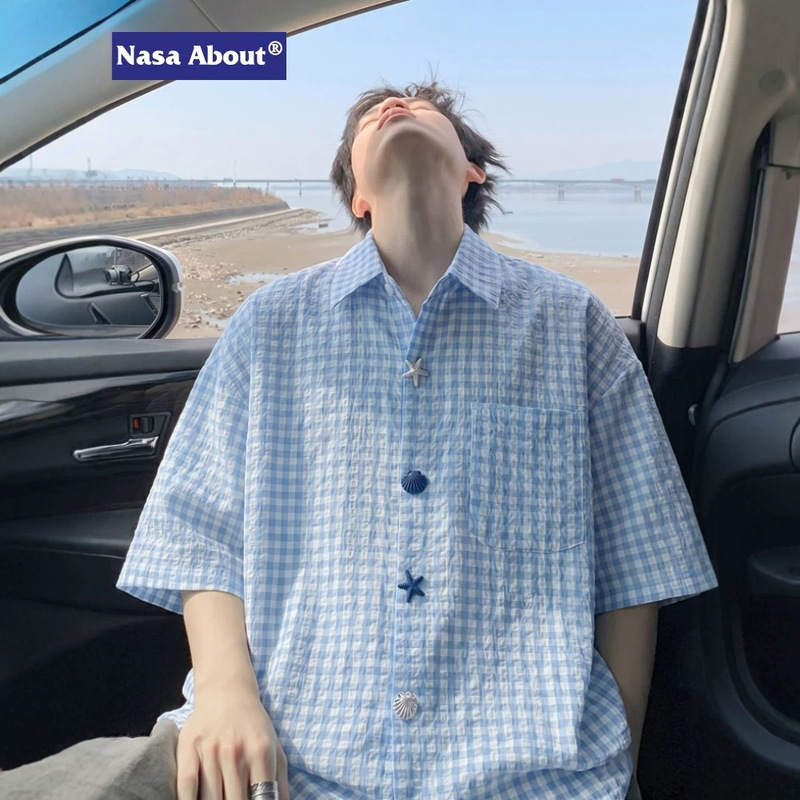 Nasa about Fun Button-Down Short-Sleeved Plaid Shirt Men's Summer Beach Sun Protection Shirt 2026 New Jacket