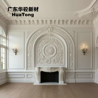 石膏洛可可大拱壁炉全套雕花墙面大宅客厅中心壁炉圆弧吊顶一体化