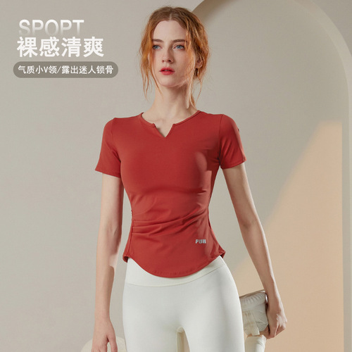 Cross-border elastic sports short-sleeved women's v-neck tight quick-drying t-shirt running training fitness top thin yoga wear