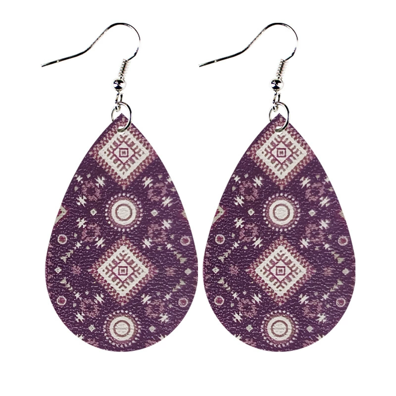 Серьги из кожи в форме слезы, западный племенной тату-близ patterns, лёгкие 6.8×3×0.5 см