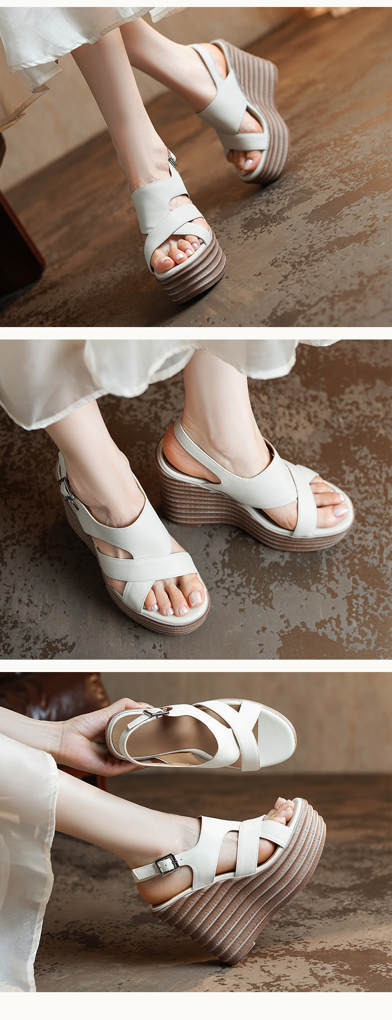 Sandal cao gót nữ đế xuồng 12 cm hở mũi quai ngang da thật — màu trắng ngà, màu mơ chi tiết 4