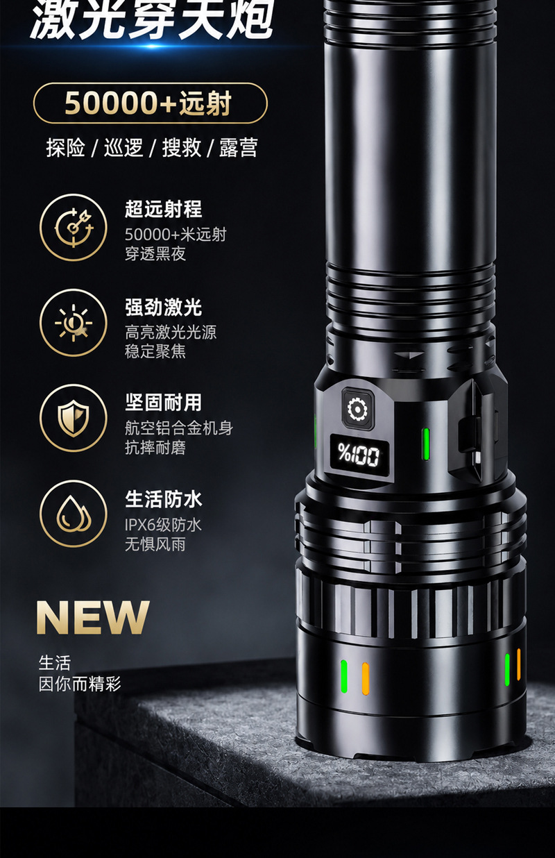 Cross-border ultra-bright tactical outdoor flashlight made of aluminum alloy with digital display, retractable zoom, and long battery life