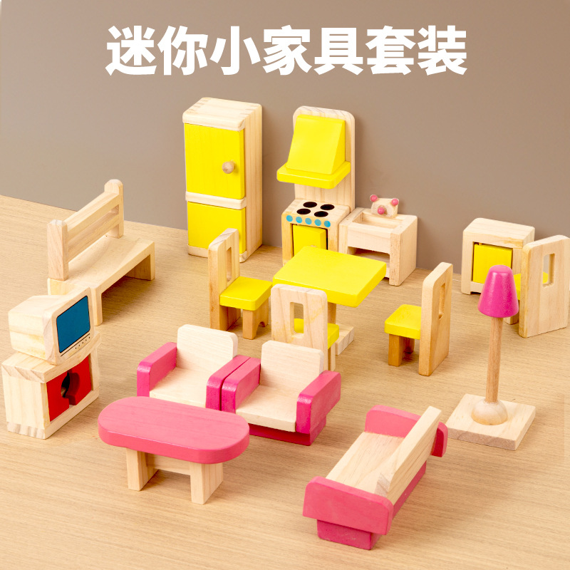 Divertido juguete de juego para niños 26 piezas de pequeños juegos de muebles mini muebles de madera simulación dormitorio cocina sala de estar