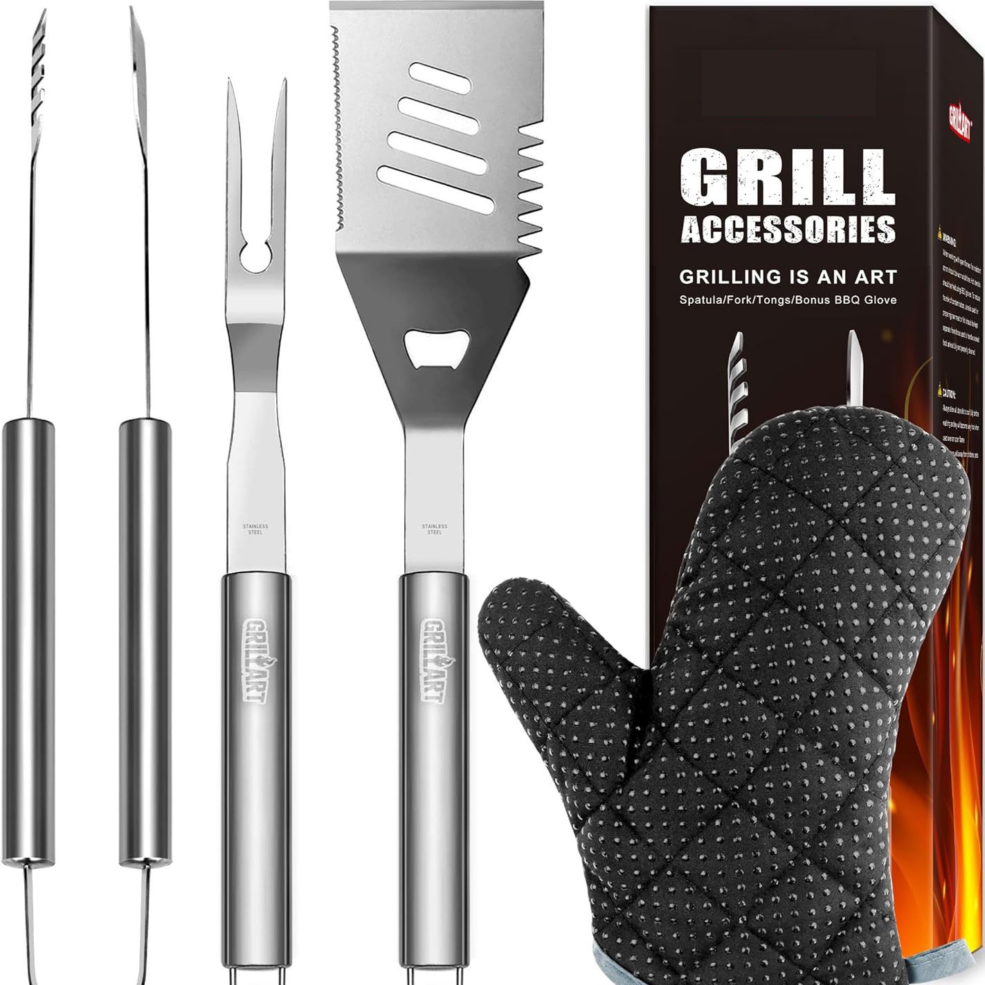 Amazon venta caliente punto de fábrica acero inoxidable mango de tubo grande barbacoa herramienta portátil horquilla pinza combinación utensilios para hornear al aire libre