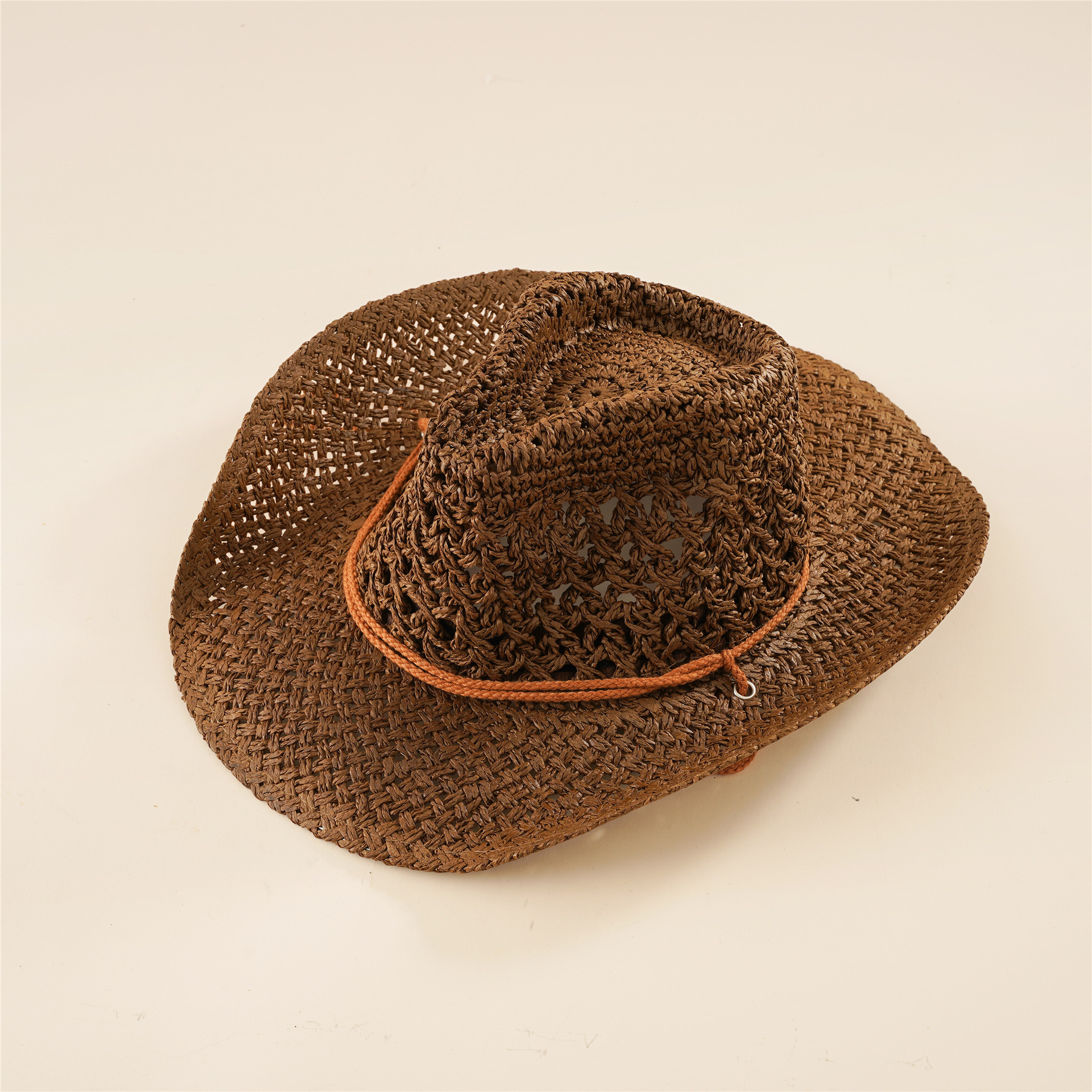 2021 Amazon paja color sólido decoración hueca verano juego sombrero de ala grande retro sombrero de paja a prueba de sol