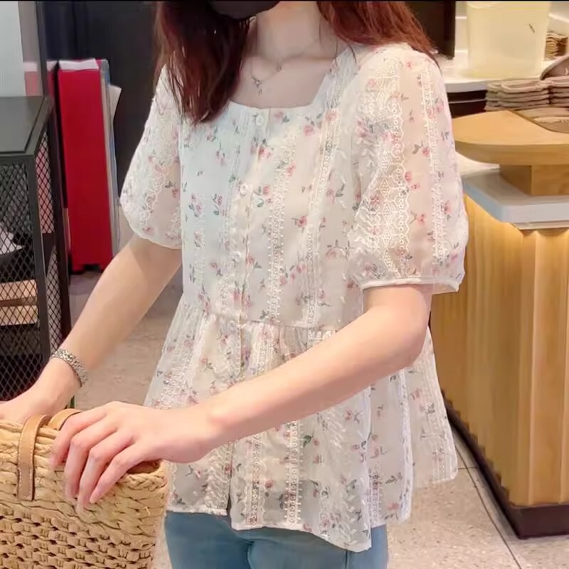 Lace Square Collar Short Sleeve Shirt Women's Summer New Puff Sleeve Floral Shirt Doll Shirt Short Top A3798 Lace Square Collar Short Sleeve Shirt Women's Summer New Puff Sleeve Floral Shirt Doll Shirt Short Top A3798
