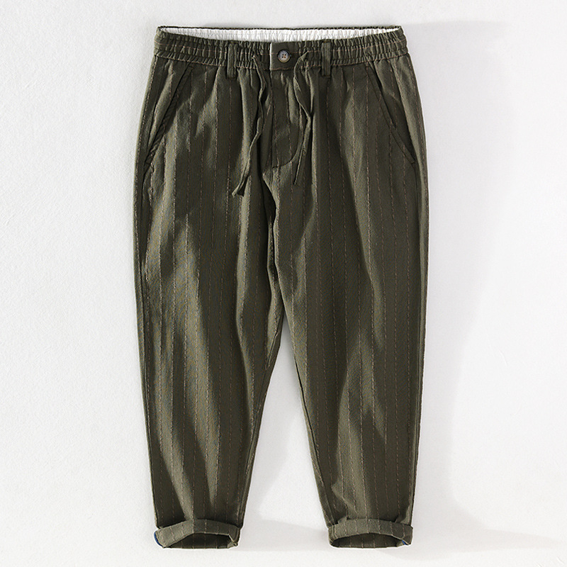 Pantalon décontracté homme rayé coton lin taille élastique_voghion.com