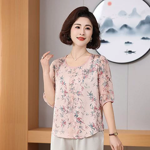 Иностранная мама летняя одежда новый национальный стиль новый китайский стиль с короткими рукавами ледяной шелк футболка среднего и пожилого возраста женская мода летняя одежда