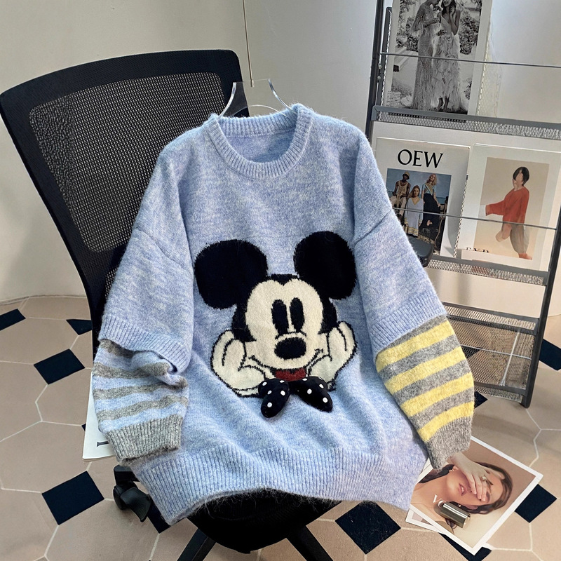 Heavy Industry Cartoon Mickey Embroidered Pullover Sweater for Women 2025 Autumn/Winter New Loose Casual Knitted Fake Two-Piece Top