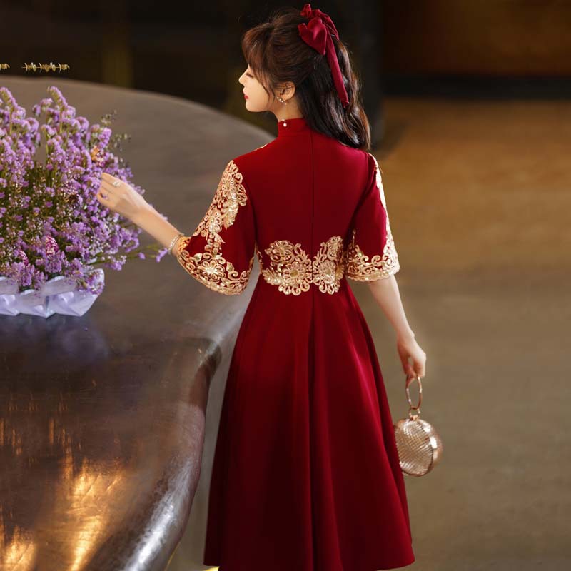 Vestido de novia para brindis 2026, nuevo vestido de verano para compromiso y fiesta de graduación, vestido rojo vino estilo chino para brindis de boda para mujer.