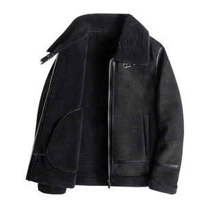 Original Ecological Sheep and Fur One Men's Short Motorcycle Lapel Flying Suit Handsome PU Leather Jacket Trendy Leather Jacket
