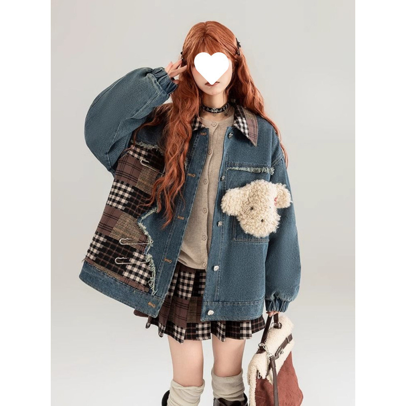 Patch Color Block Denim Coat Women's Clothing American Retro