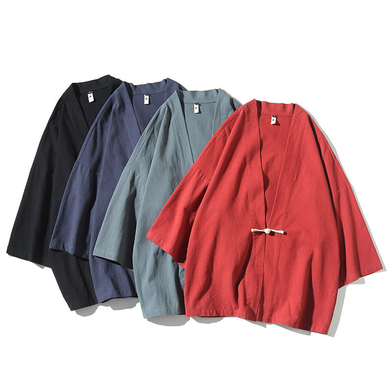 2026 Summer New Chinese Style Men's Large Size Cotton and Linen Cardigan Hanfu Retro Solid Color Buttoned Japanese-Style Robe for Men