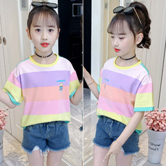 女童夏裝短袖T恤2024新款洋氣撞色棉質短袖上衣彩色條紋卡通T恤衫