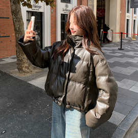 超火好看咖色短款立领皮衣羽绒服女冬2025年加厚保暖高级小众外套