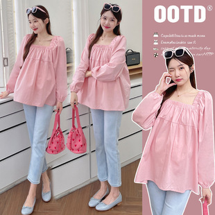 Pregnant Women's Belly Covering Not Shown in Huai Spring and Autumn Fashion Mom's New Sweet Loose Long-sleeved Doll Shirt Spring Age-reducing Top
