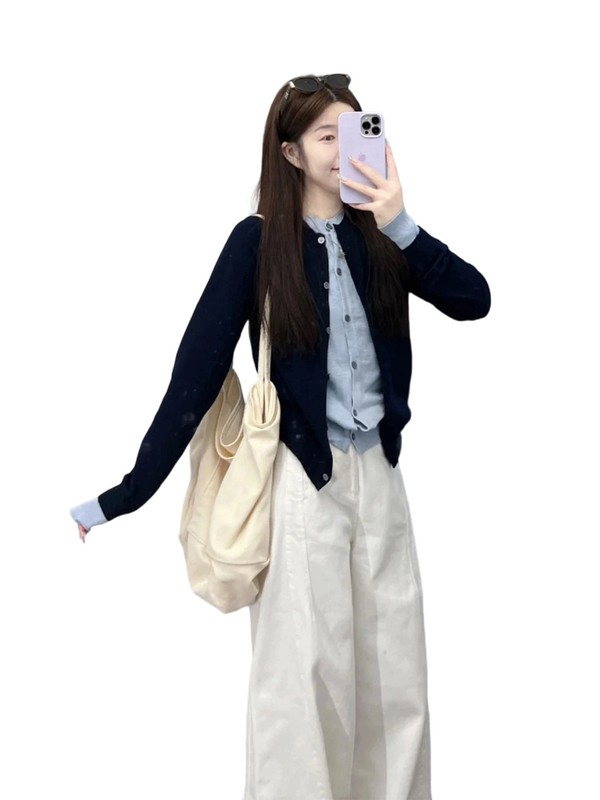 学院小香风蓝色针织开衫套装女2025韩系早秋流行穿搭一整套高笙陇|undefined