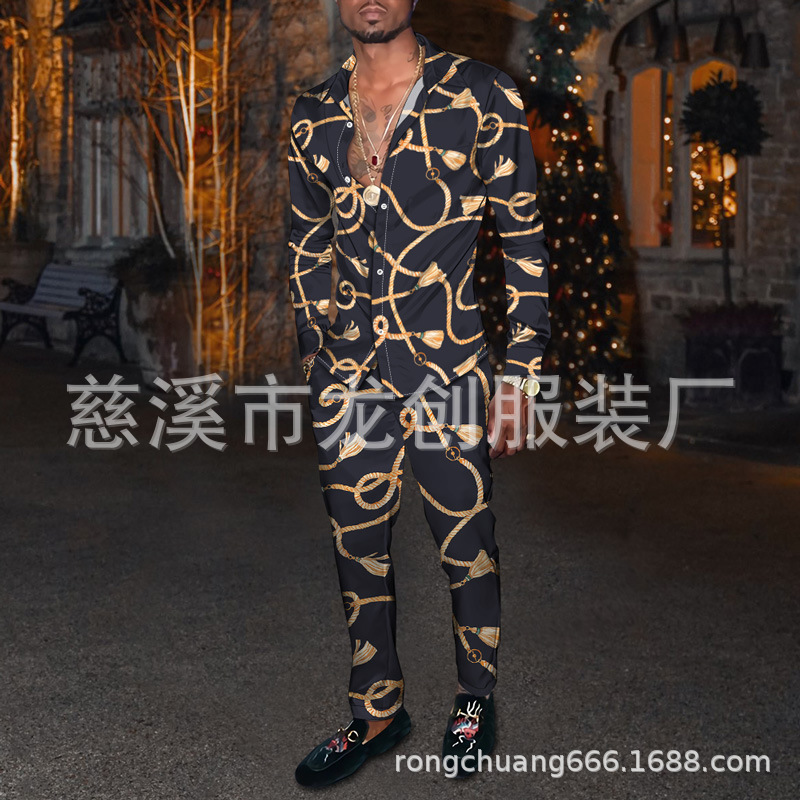 2021 cross-border Amazon Wish ebay new lapel 3D retro printed casual long sleeve shirt two-piece set 2021 cross-border Amazon Wish ebay new lapel 3D retro printed casual long sleeve shirt two-piece set