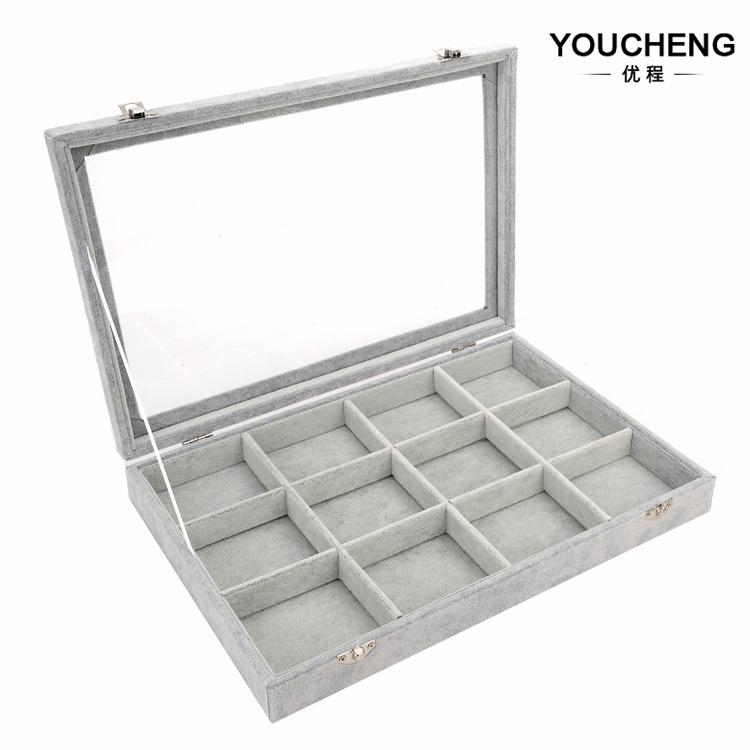 现货冰花绒12格首饰盒透明带盖手镯盒佛珠手串盘珠宝饰品展示道具