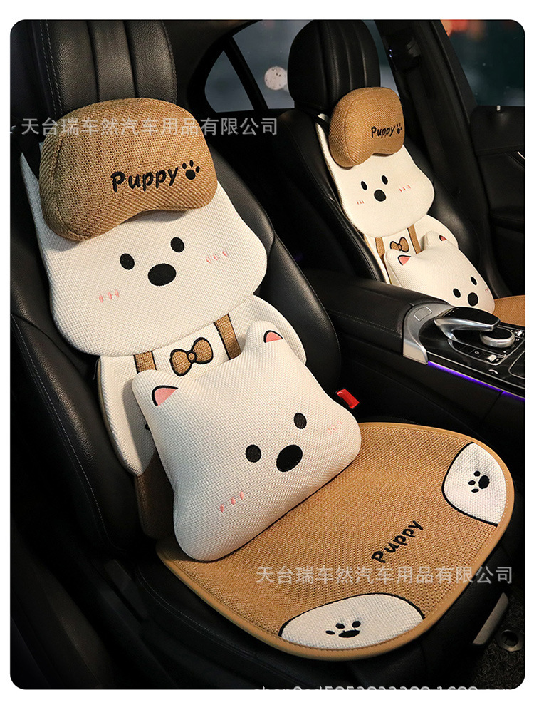 2026 New Model Car-Specific Seat Cushion, All-Season Universal Cotton-Linen Cartoon Cute Puppy 3D Seat Backrest Cushion