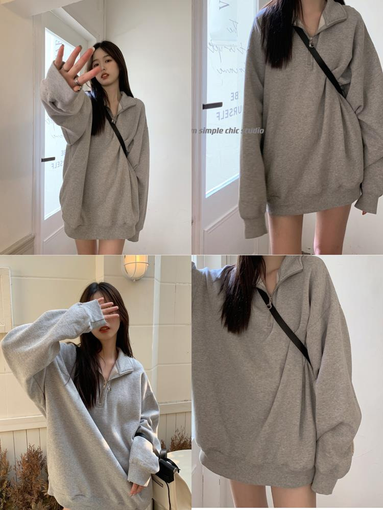 Effortless Chic Polo Collar Sweatshirt - Oversized Women's Long Sleeve Pullover, Relaxed Fit, Soft Polyester Blend (One Size Fits Most)_ecoleips.com