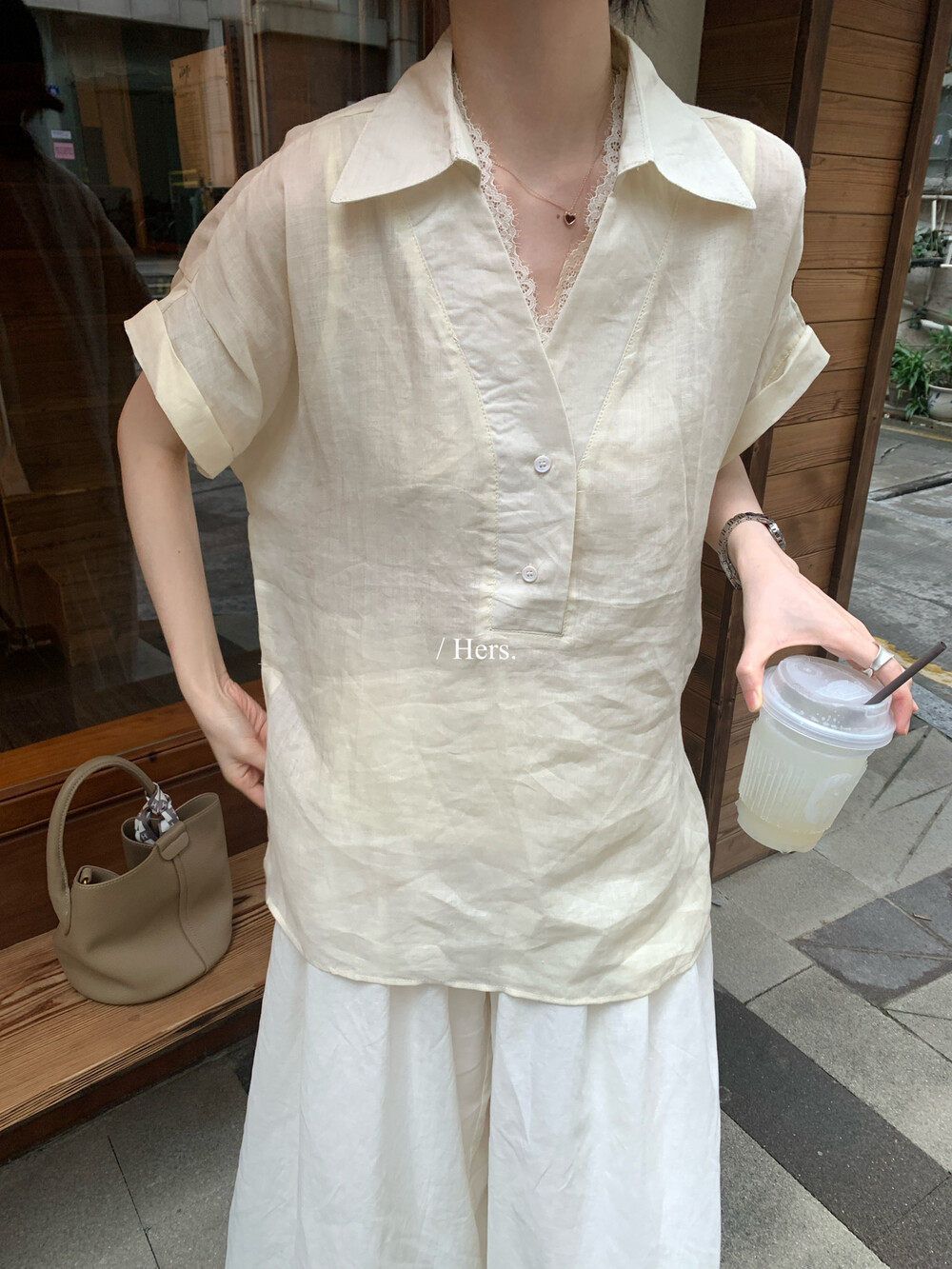 Áo sơ mi nữ linen tay ngắn cổ V phong cách Pháp — nghệ, màu hồng, màu trắng, màu mơ chi tiết 4