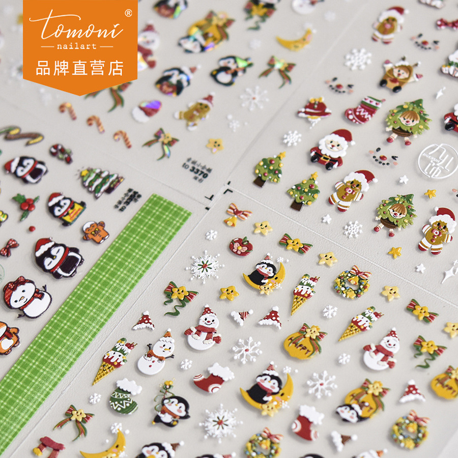 Tomoni en relieve pegatinas de uñas populares pegatinas de uñas vintage fábrica al por mayor japonés Navidad pingüino muñeco de nieve 3354