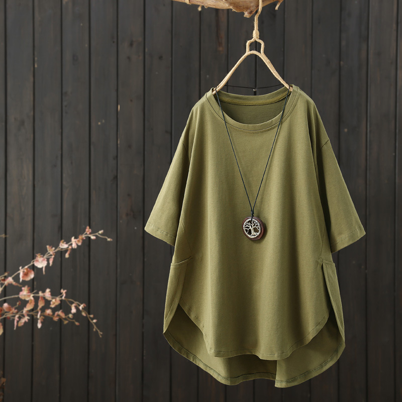 Summer 2026 New Style Round Neck Short-Sleeved Pure Color T-Shirt for Women, Short in Front and Long in Back, Loose-Fitting T-Shirt, Half-Sleeved Top for Women Summer 2026 New Style Round Neck Short-Sleeved Pure Color T-Shirt for Women, Short in Front and Long in Back, Loose-Fitting T-Shirt, Half-Sleeved Top for Women