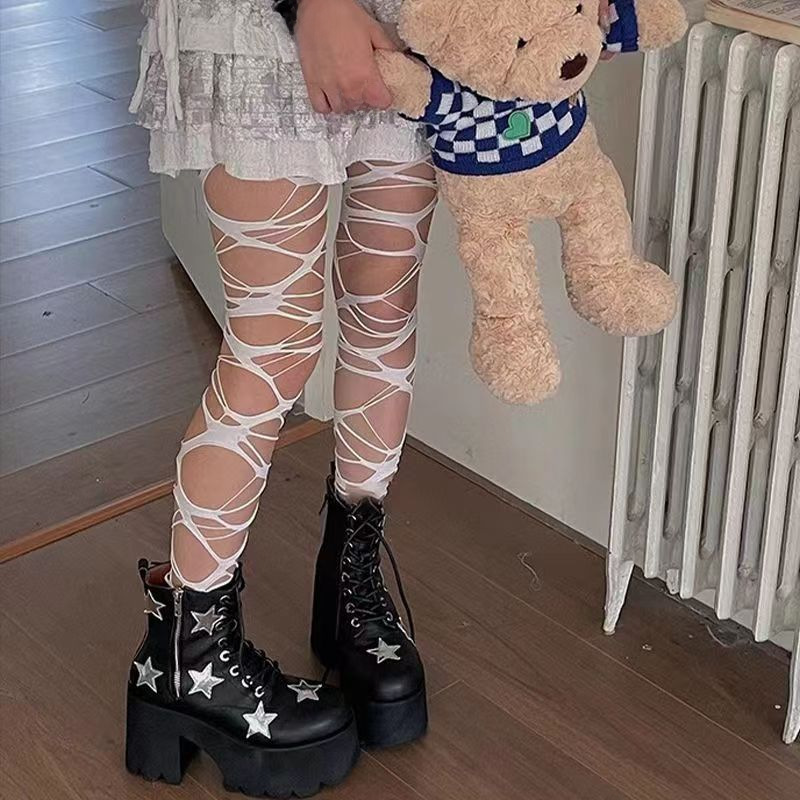 Black punk Gothic style personalized ripped fishnet socks y2g Millennium hot girl jk black stockings women's bottoming pantyhose_voghion.com