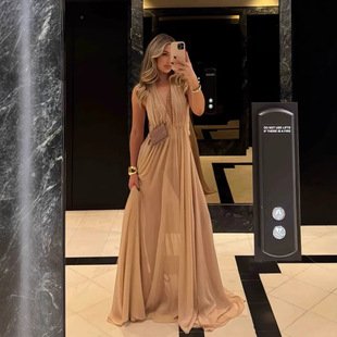 French Sexy Backless Deep V Socialite Neck Hanging dress Draped Super Fairy Elegant Holiday Dress Cross-border Seaside