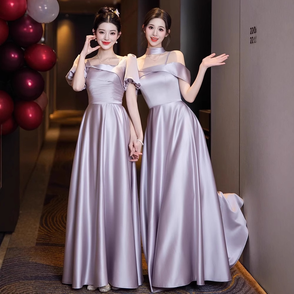 Gray-Purple Bridesmaid Dresses 2026 New Spring Satin Annual Party Niche Sister Group Dresses That Can Be Worn Casually for Petite Sizes