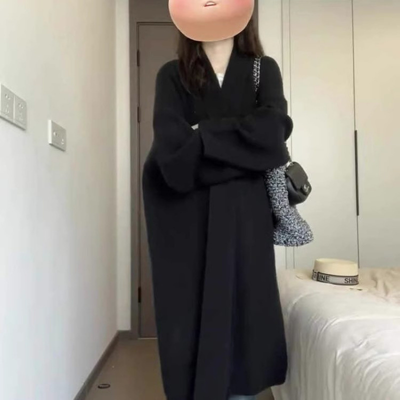 翻領針織外套2025新款韓版通勤中長款長袖慵懶風毛衣針織外套女潮