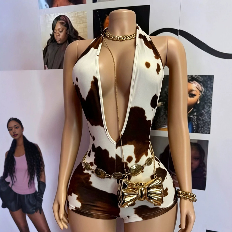 Cross-border European and American style, cow-print halter-neck jumpsuit, women's deep V-neck, sexy and form-fitting one-piece Cross-border European and American style, cow-print halter-neck jumpsuit, women's deep V-neck, sexy and form-fitting one-piece