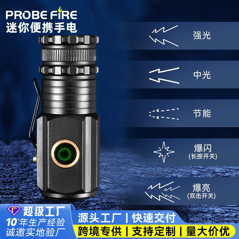 跨境新款户外充电USB伸缩调焦带笔夹手电筒家用应急LED强光手电
