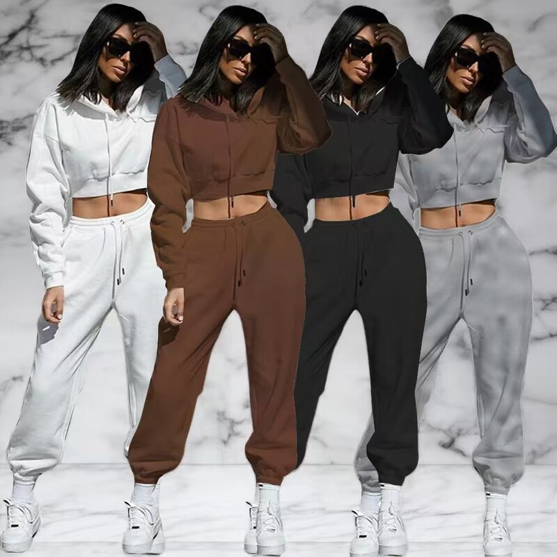 Cross-Border Casual European and American Fleece Fashion Knitted Sweatshirt Set with Hood and Drawstring, Street Style Trendy Sports Two-Piece Set