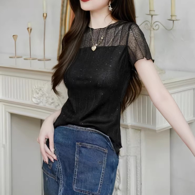 Mesh Patchwork Shiny Short-Sleeve T-Shirt for Women, Summer 2026 New Style, Slim Fit, Plus Size Top, Elegant and Versatile