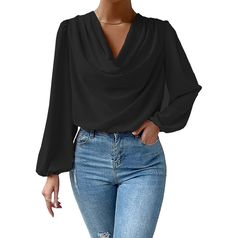 long-sleeved loose draped v-neck solid color chiffon top NSMVS139816