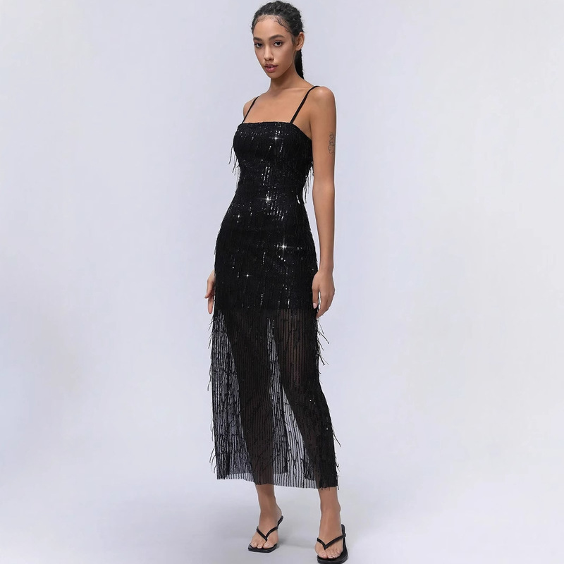 Foreign Trade Cross-Border New Sleeveless Party Shiny Tassel Evening Dress Banquet Robe Suspender Dress