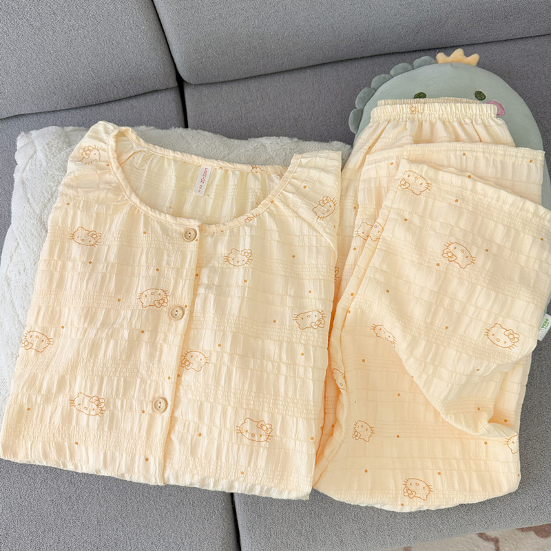 Cute kitten polka dot cloud pattern pure cotton pajama set for women, 2026 new autumn/spring/summer long-sleeved loungewear set Cute kitten polka dot cloud pattern pure cotton pajama set for women, 2026 new autumn/spring/summer long-sleeved loungewear set