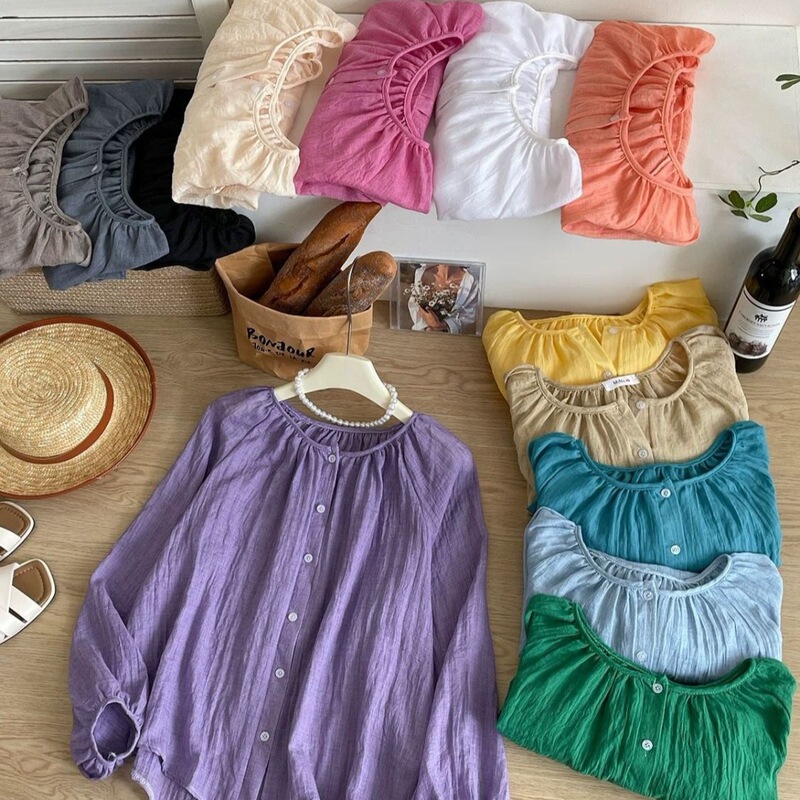 French-style retro vacation look ice silk linen cotton sun-protective shirt for women, summer lantern sleeve outerwear, plus-size cardigan top