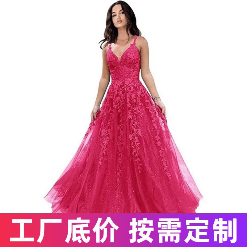 New Wholesale European and American Style Deep V-Neck Long Evening Dress with Mesh Embroidery and Sequins, Cocktail Party Dress New Style