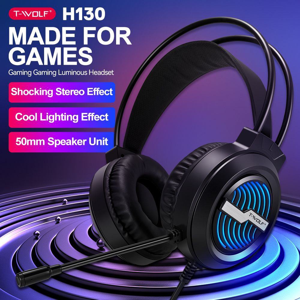 T-Wolf H130 Computer Headset with Light-Up Wired Gaming Headphones USB Interface with Microphone