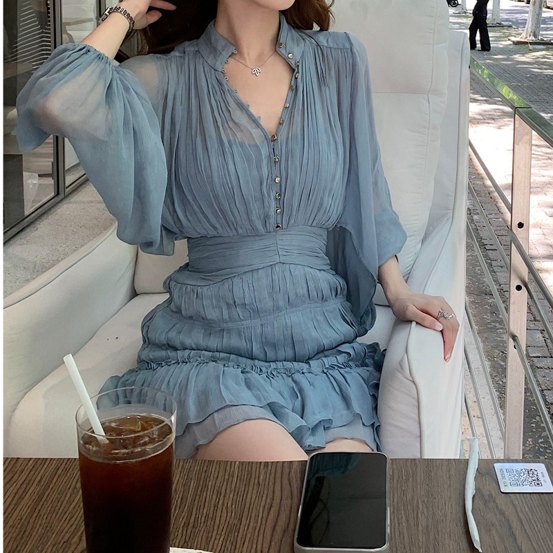 姐姐来了 ! 重工仿真丝打揽显白连衣裙女气质美艳修身短裙V领长袖|undefined