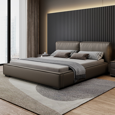 意式極簡頭層真皮床主臥雙人床現代簡約豆腐塊床高端軟床軟包皮床