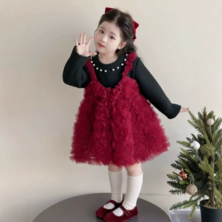 女童连衣裙秋冬玫瑰花裙子礼服公主裙生日抓周套装新年拜年服上衣