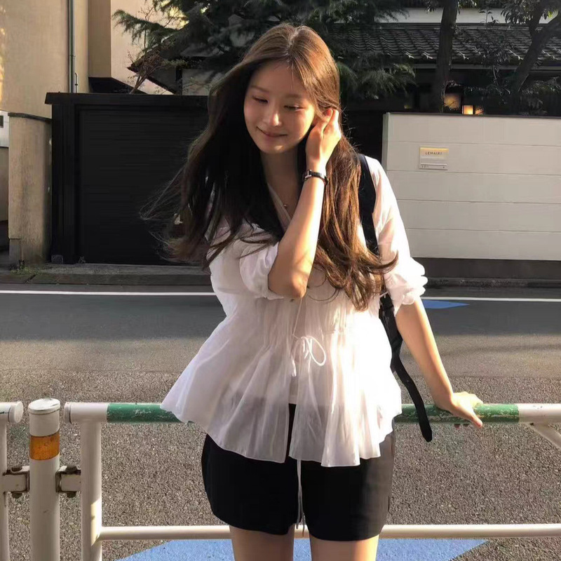 Fan Sun·Xh2026 Summer New Korean Dongdaemun Ou*Ce Design Casual Tie V-Neck Long Sleeve Shirt Top Fan Sun·Xh2026 Summer New Korean Dongdaemun Ou*Ce Design Casual Tie V-Neck Long Sleeve Shirt Top