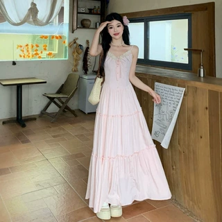 2026年新款半夏大码女装粉色法式浪漫吊带长裙女度假风连裙+开衫