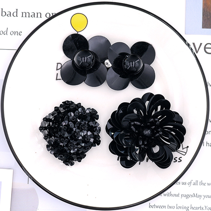 厂家供应现货时尚钉珠 衣服发夹装饰补丁贴DIY服装辅料黑色花朵