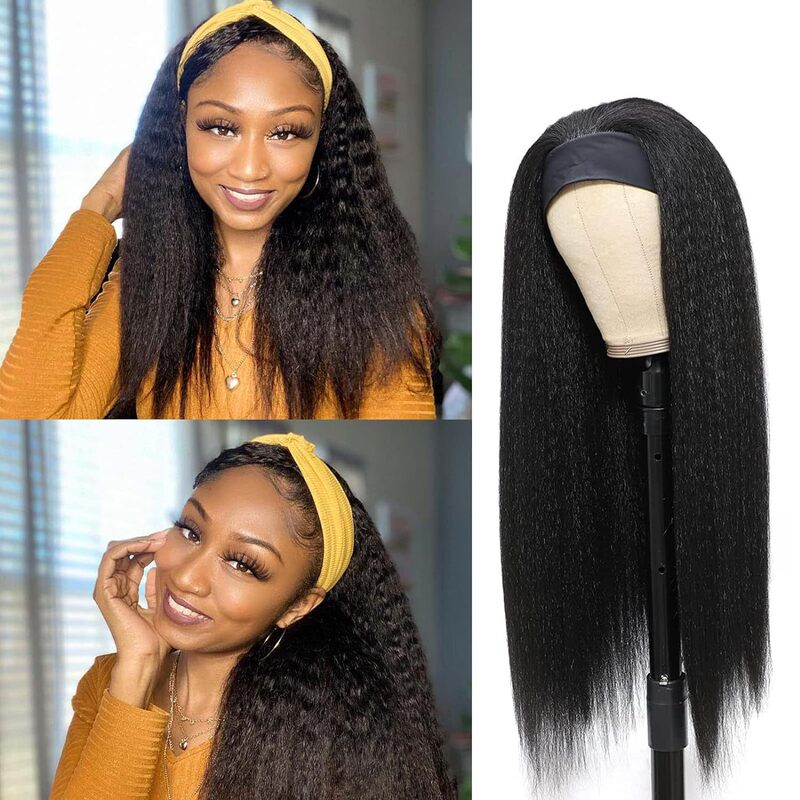 In-Stock Synthetic Long Straight Hair Headband Wigs with Bangs, Natural Ice Silk Hairband